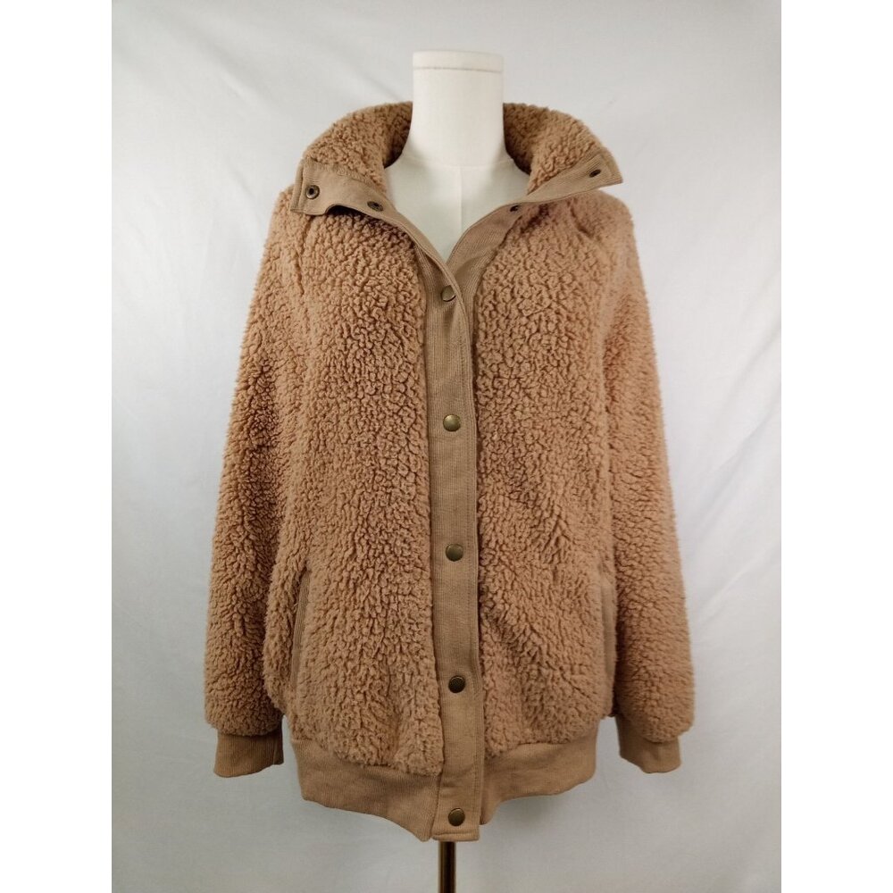Fashion Women's Brown Retro Deep Pile Teddy Bear Sherpa Fleece Jacket Size S